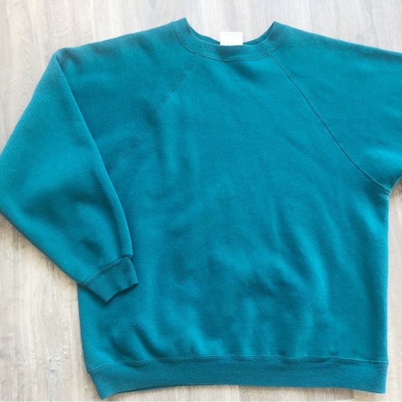 Vintage Style Basic Hanes Teal Fleece Lined Crewneck Sweater - Picture 1 of 9